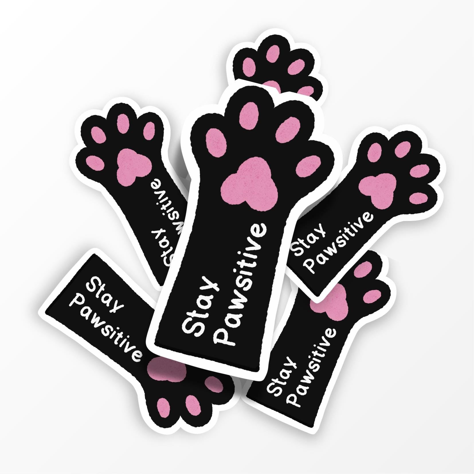 Stay Pawsitive Quote Sticker, Cute Black Cat Paw Vinyl Sticker - PulpKo