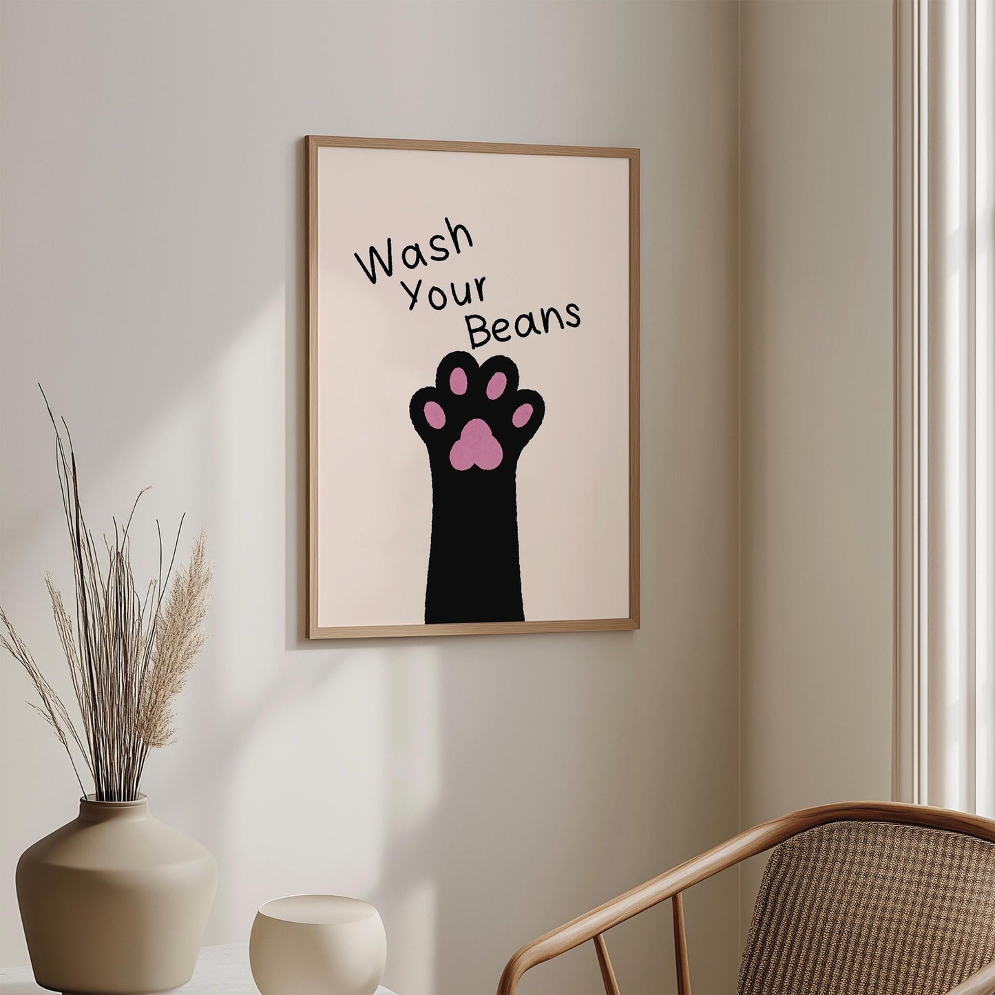 Wash Your Beans Print, Funny Bathroom Wall Art, Cat Illustration Print, Playful Home Decor Gift - PulpKo
