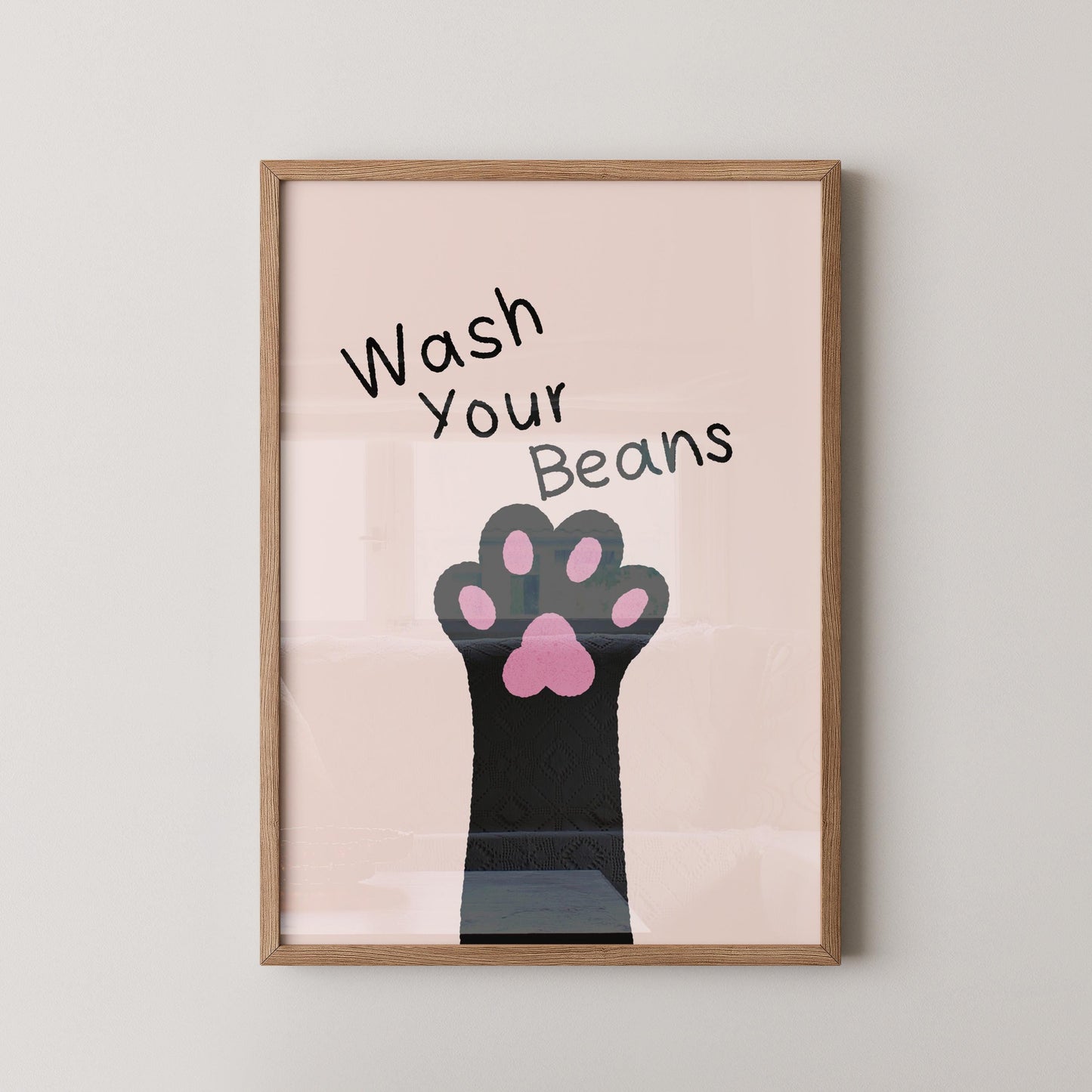 Wash Your Beans Print, Funny Bathroom Wall Art, Cat Illustration Print, Playful Home Decor Gift - PulpKo