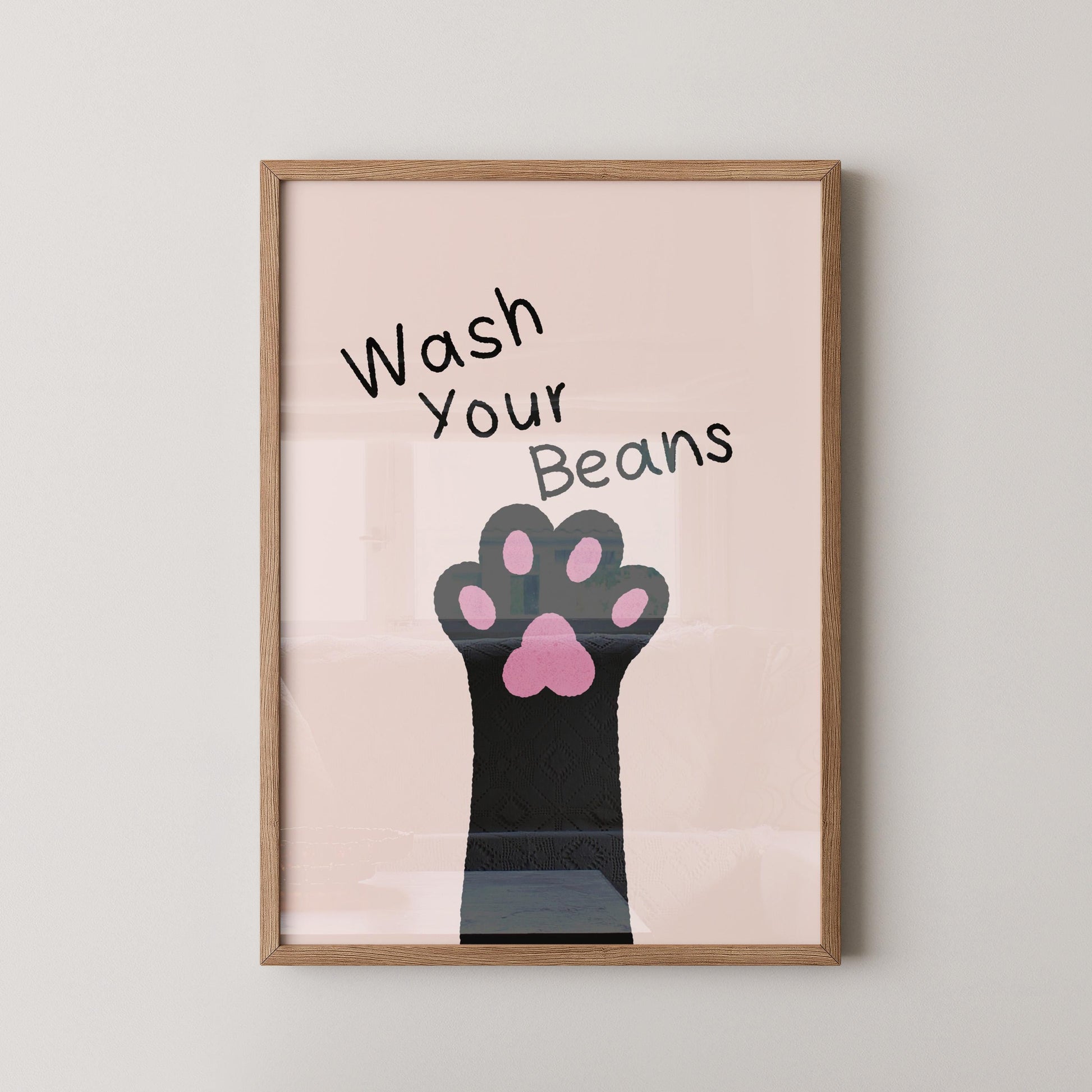 Wash Your Beans Print, Funny Bathroom Wall Art, Cat Illustration Print, Playful Home Decor Gift - PulpKo