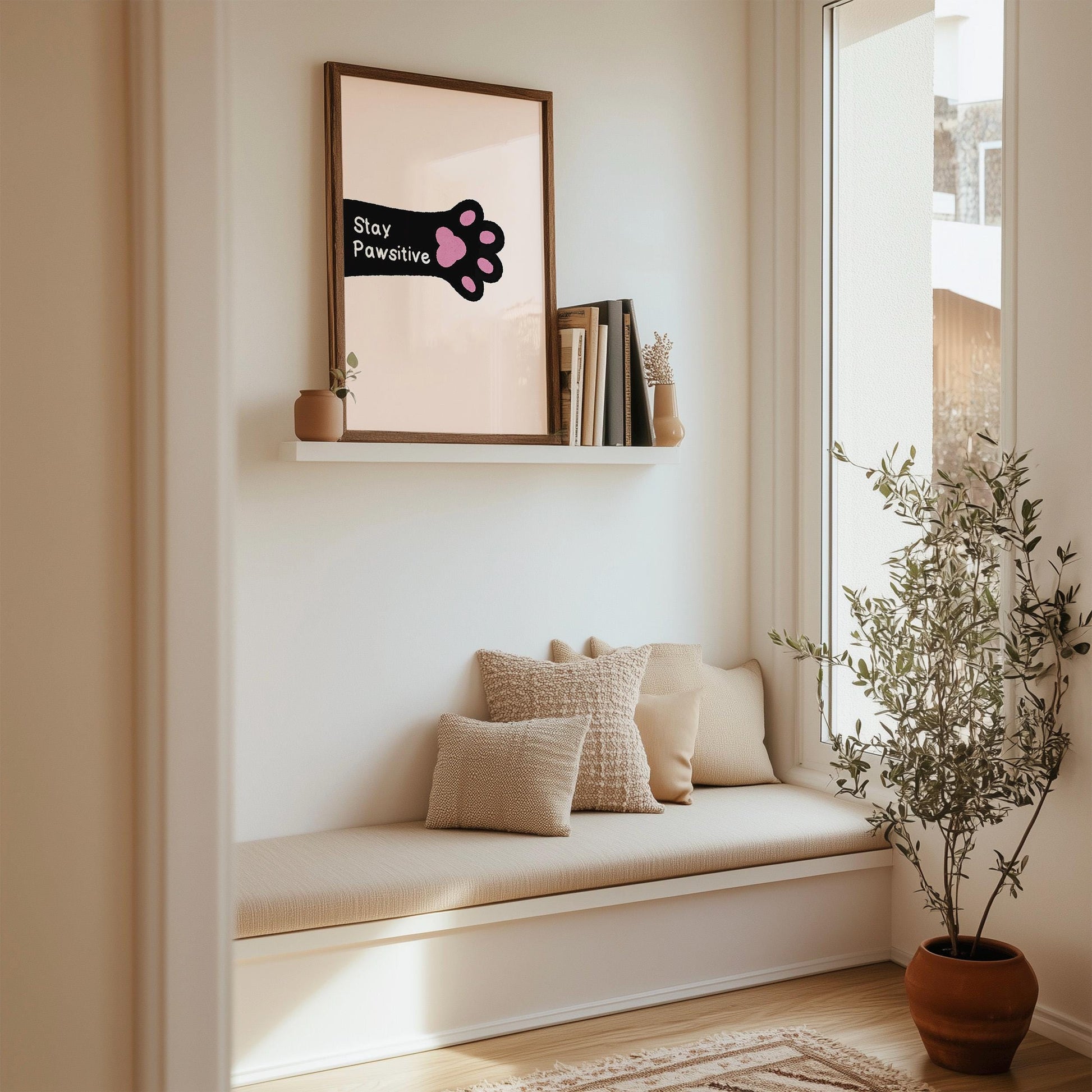 Stay Pawsitive Wall Art Print, Cat Paw Print, Motivational Quote Print - PulpKo