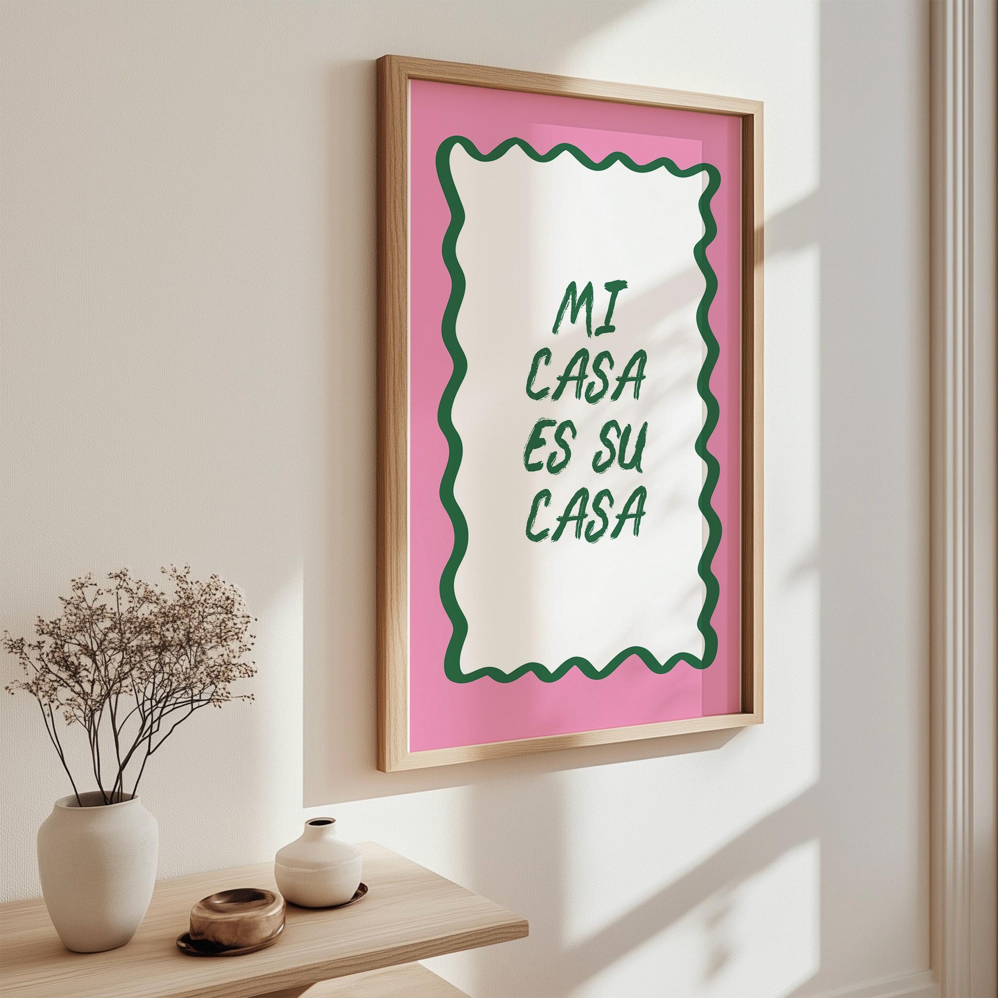 Mi Casa Es Su Casa Print, Quote Wall Art, Pink Green Home Decor, Housewarming Gift - PulpKo