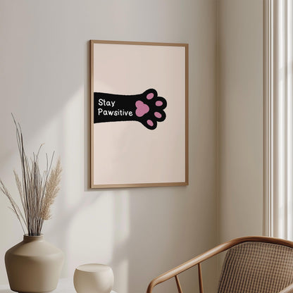 Stay Pawsitive Wall Art Print, Cat Paw Print, Motivational Quote Print - PulpKo