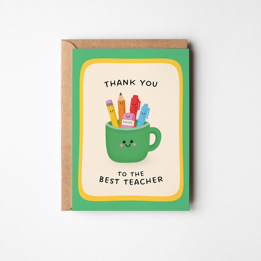 Best Teacher Card, Thank You To The Best Teacher Greeting Card, Cute Illustrated End of Year Teacher Gift - PulpKo