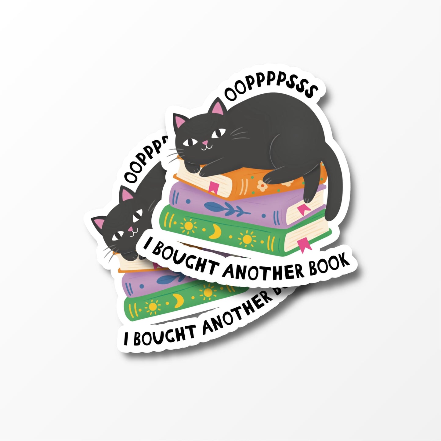 Oops I Bought Another Book Illustrated Sticker, Cute Cat Sticker for Bookworm or Cat Lover - PulpKo