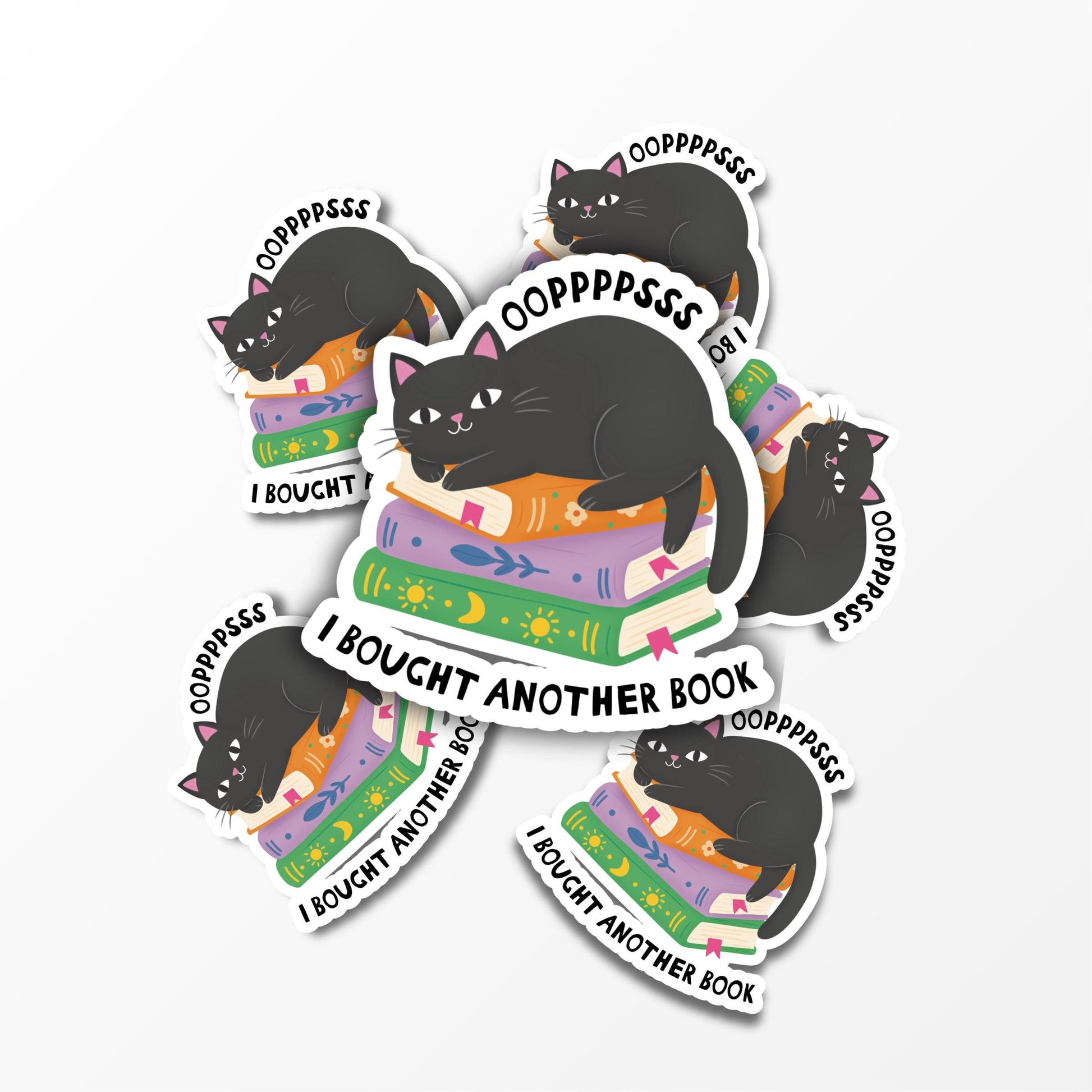 Oops I Bought Another Book Illustrated Sticker, Cute Cat Sticker for Bookworm or Cat Lover - PulpKo