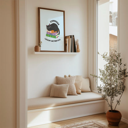 Oops I Bought Another Book Wall Art Print, Funny Cat Book Lover Illustration, Illustrated Book Gift for Readers - PulpKo