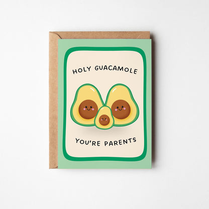 New Baby Card, Holy Guacamole You’re Parents, Cute Avocado Pregnancy Congratulations Card - PulpKo