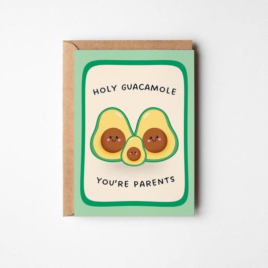 New Baby Card, Holy Guacamole You’re Parents, Cute Avocado Pregnancy Congratulations Card - PulpKo
