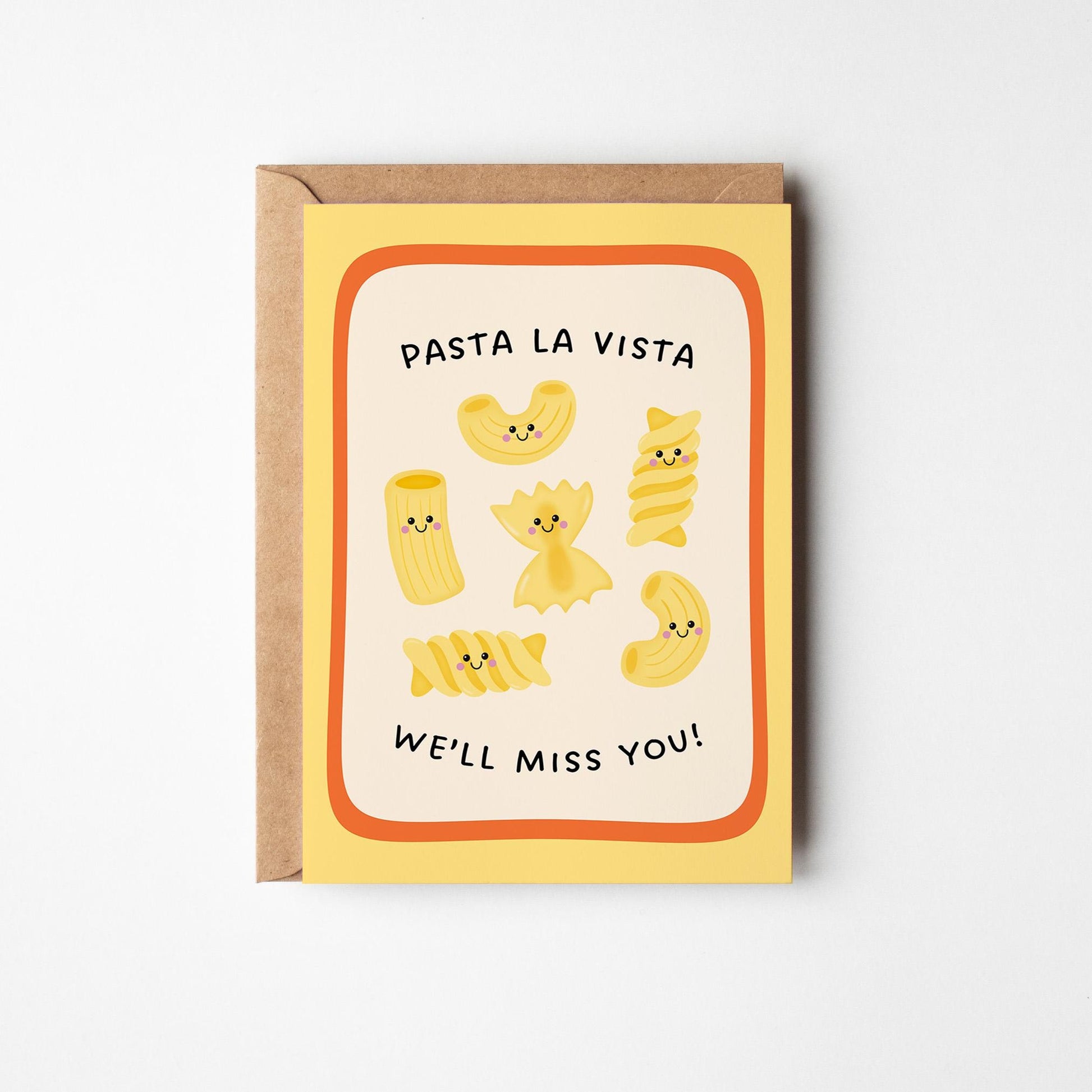 Pasta La Vista Leaving Card, We'll Miss You Illustrated Card, Funny Farewell Card - PulpKo