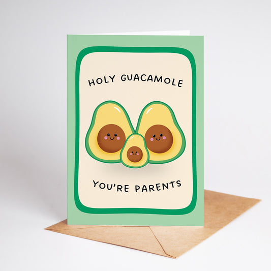 New Baby Card, Holy Guacamole You’re Parents, Cute Avocado Pregnancy Congratulations Card - PulpKo