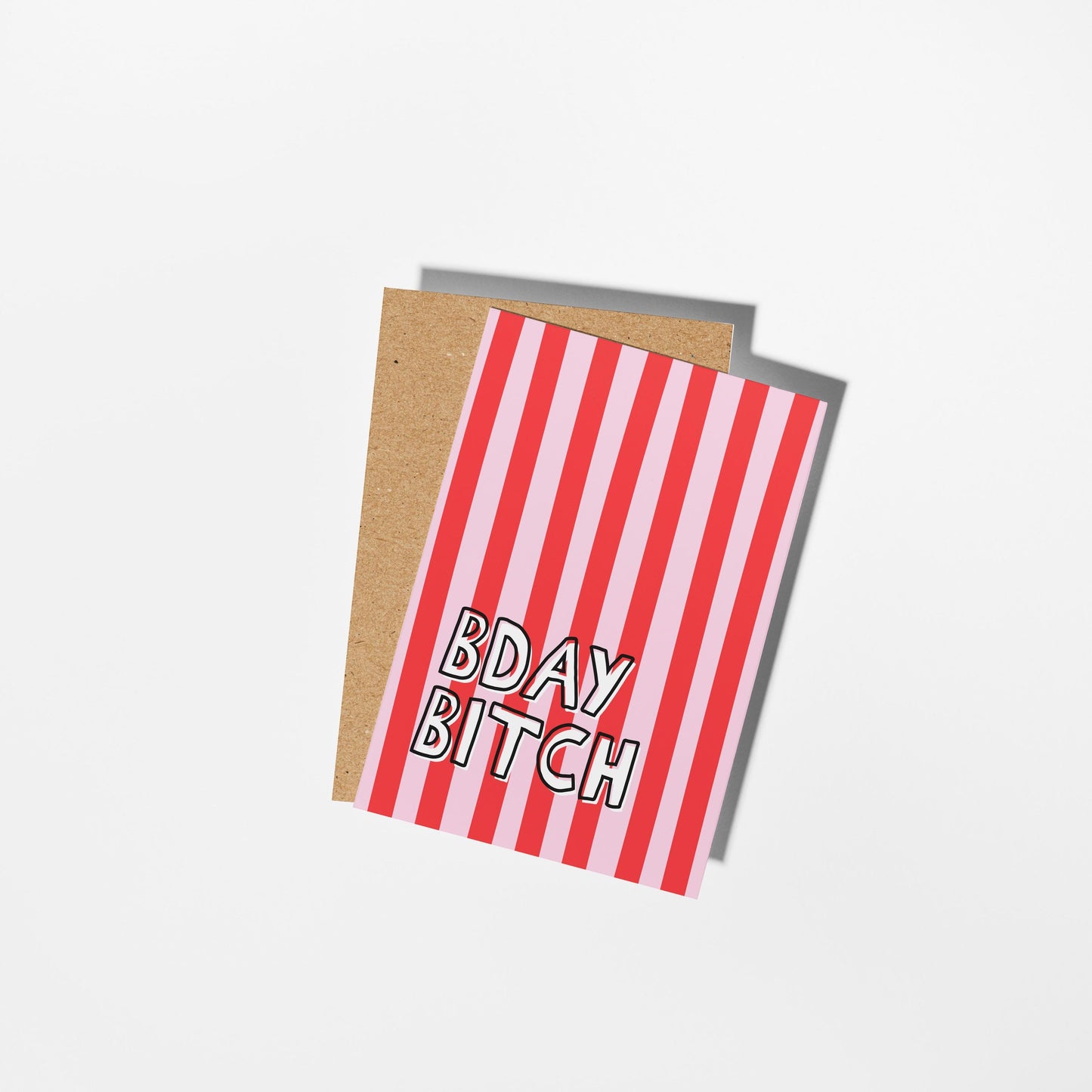 Bday Bitch Funny Illustrated Card, Bold Pink Red Stripe Birthday Card for Her - PulpKo