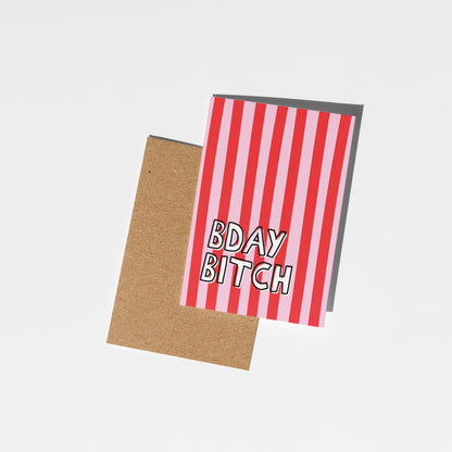 Bday Bitch Funny Illustrated Card, Bold Pink Red Stripe Birthday Card for Her - PulpKo