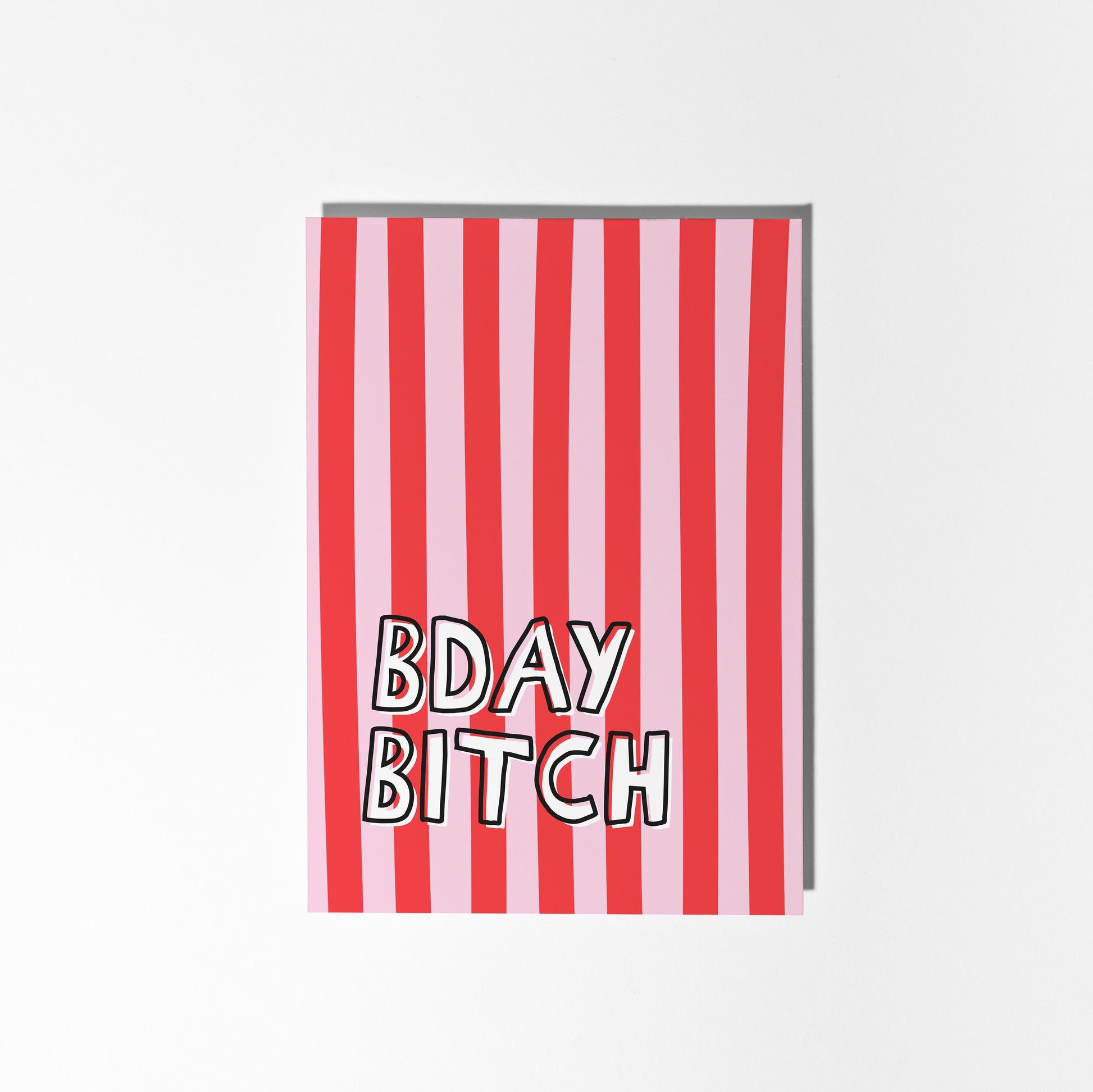 Bday Bitch Funny Illustrated Card, Bold Pink Red Stripe Birthday Card for Her - PulpKo