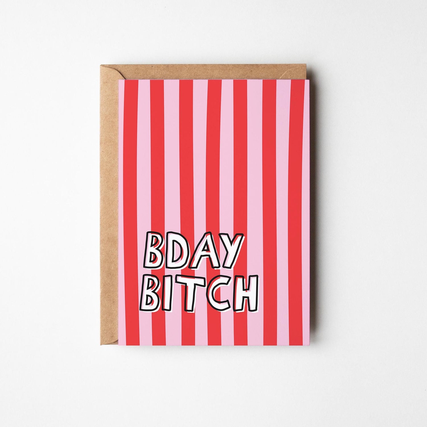 Bday Bitch Funny Illustrated Card, Bold Pink Red Stripe Birthday Card for Her - PulpKo