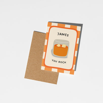Personalised Whiskey Glass Card, You Rock Card, Custom Name Birthday Card for Him - PulpKo