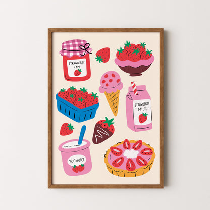 Strawberry Kitchen Print, Fruit Wall Art, Kitchen Wall Decor, Colourful Food Illustration - PulpKo