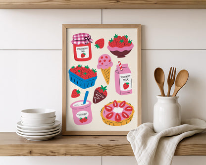Strawberry Kitchen Print, Fruit Wall Art, Kitchen Wall Decor, Colourful Food Illustration - PulpKo