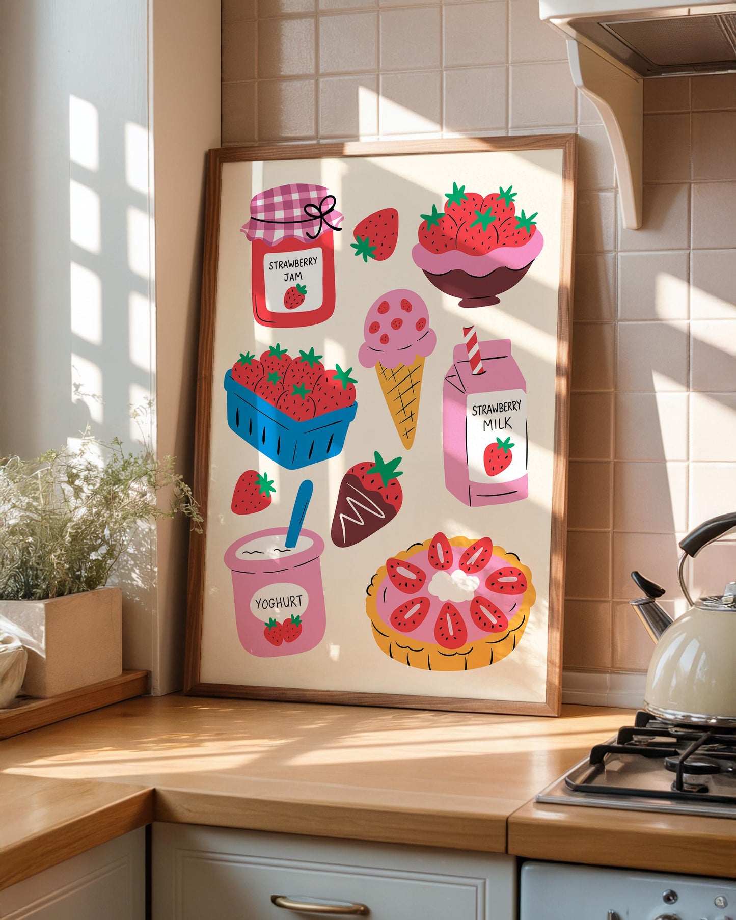 Strawberry Kitchen Print, Fruit Wall Art, Kitchen Wall Decor, Colourful Food Illustration - PulpKo