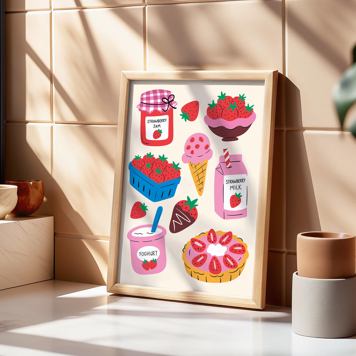 Strawberry Kitchen Print, Fruit Wall Art, Kitchen Wall Decor, Colourful Food Illustration - PulpKo