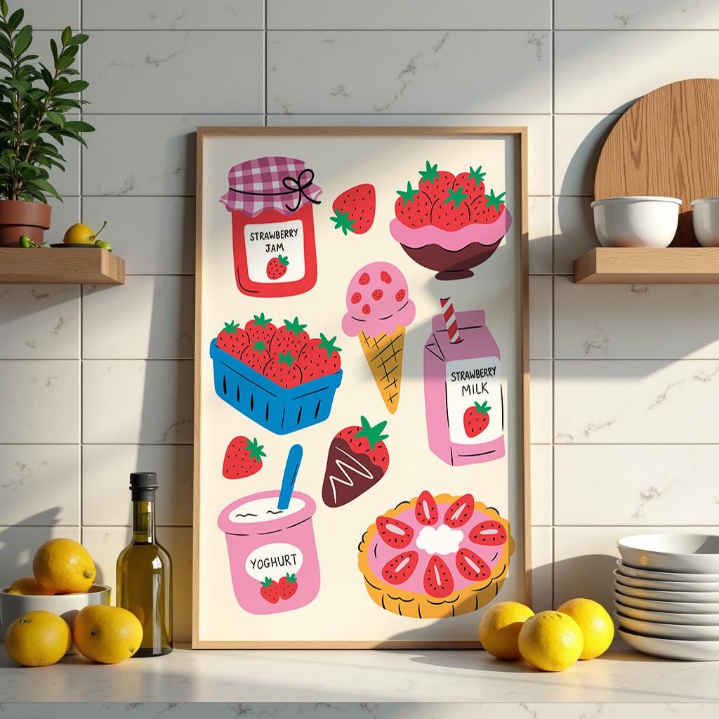 Strawberry Kitchen Print, Fruit Wall Art, Kitchen Wall Decor, Colourful Food Illustration - PulpKo