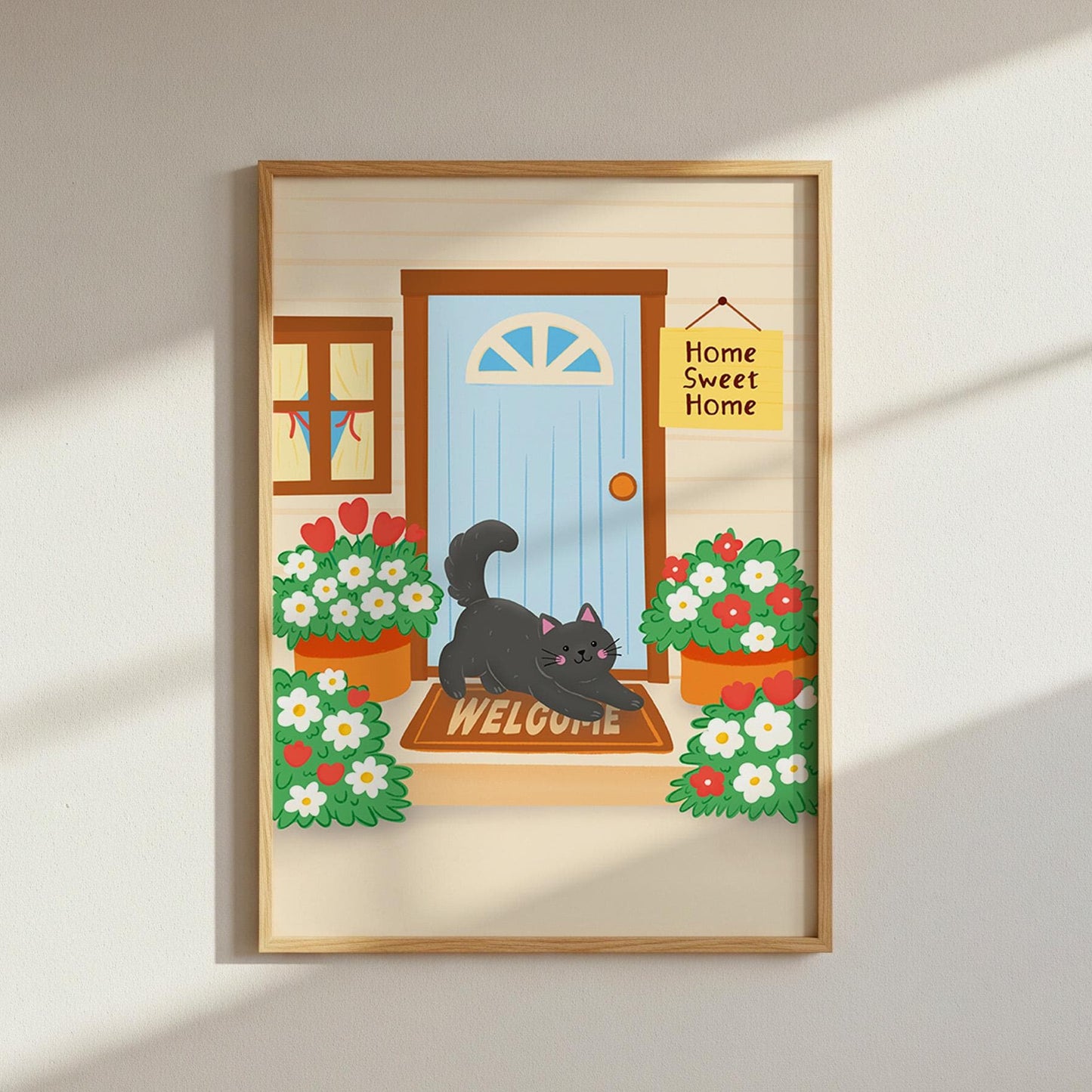 Home Sweet Home Print, Black Cat Art Print, Cosy Cottage Illustration - PulpKo