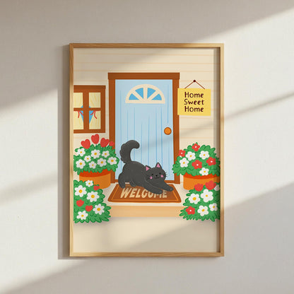Home Sweet Home Print, Black Cat Art Print, Cosy Cottage Illustration - PulpKo