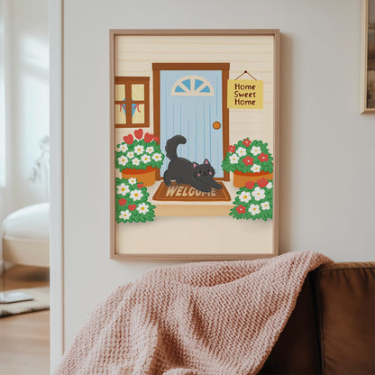 Home Sweet Home Print, Black Cat Art Print, Cosy Cottage Illustration - PulpKo