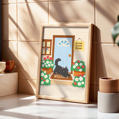 Home Sweet Home Print, Black Cat Art Print, Cosy Cottage Illustration - PulpKo