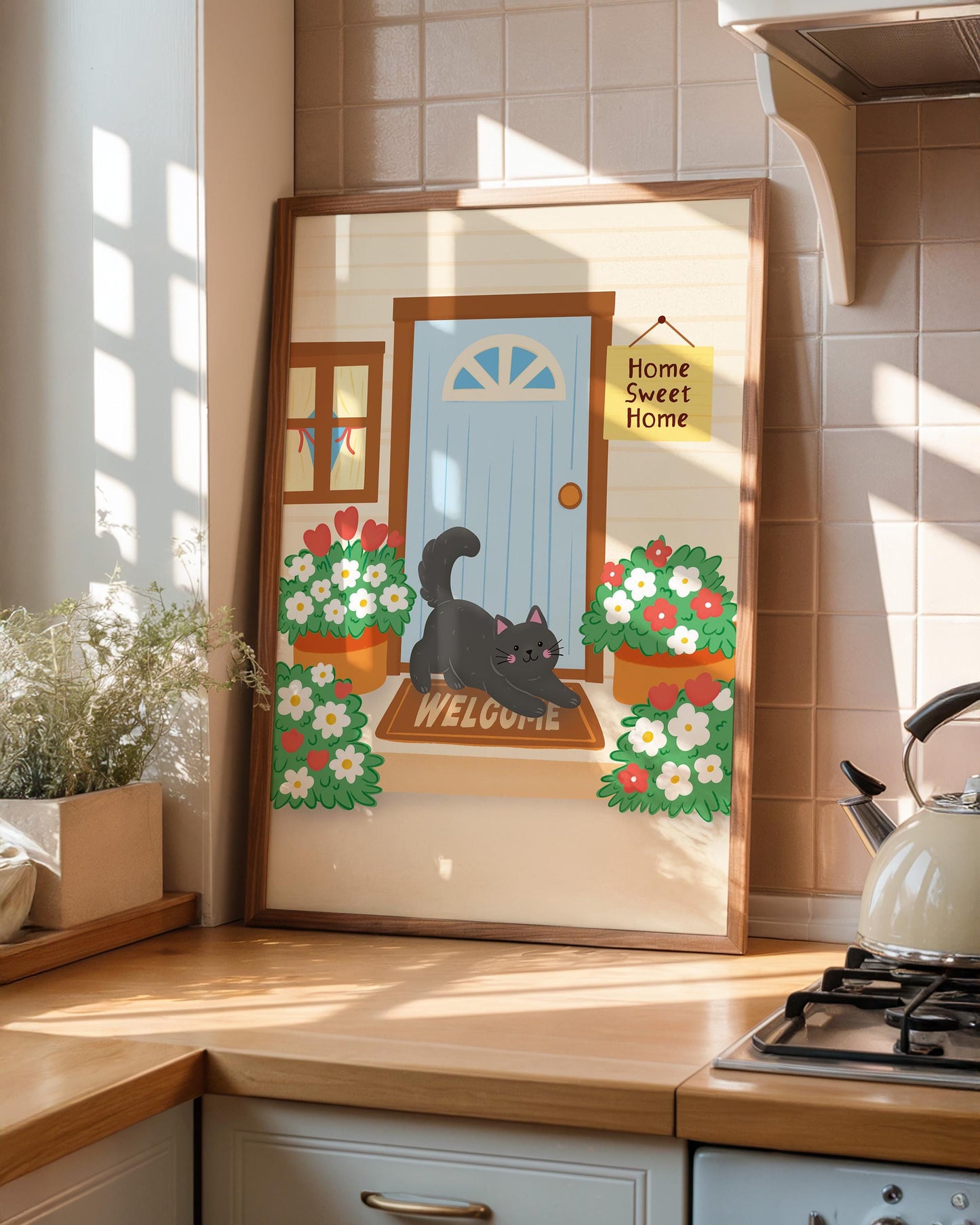 Home Sweet Home Print, Black Cat Art Print, Cosy Cottage Illustration - PulpKo