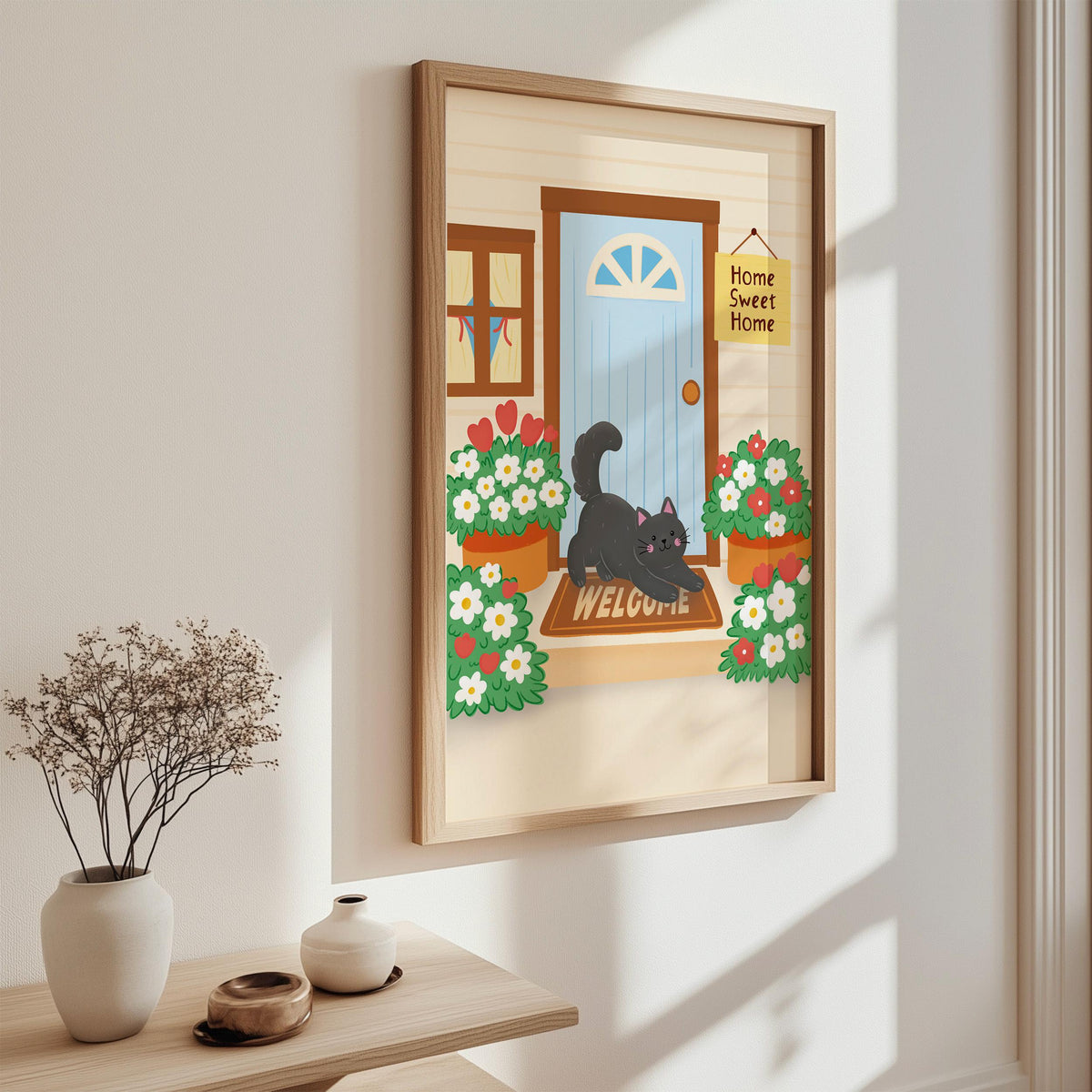 Home Sweet Home Print, Black Cat Art Print, Cosy Cottage Illustration - PulpKo
