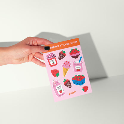 Strawberry Sticker Sheet, Cute Planner Stickers, Journal Stickers, Scrapbook Stickers, Strawberry Stationery, A6 Sticker Sheet - PulpKo